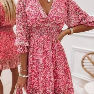 V-neck Printed Dress With Ruffled Sleeves And Waist-exquisite And Elegant Design For Women-perfect For Women's Wear In Spring And Autumn.