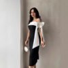 Women's Off-shoulder Bow Black And White Color Matching Elegant Cocktail Dress - Image 3
