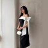 Women's Off-shoulder Bow Black And White Color Matching Elegant Cocktail Dress - Image 5